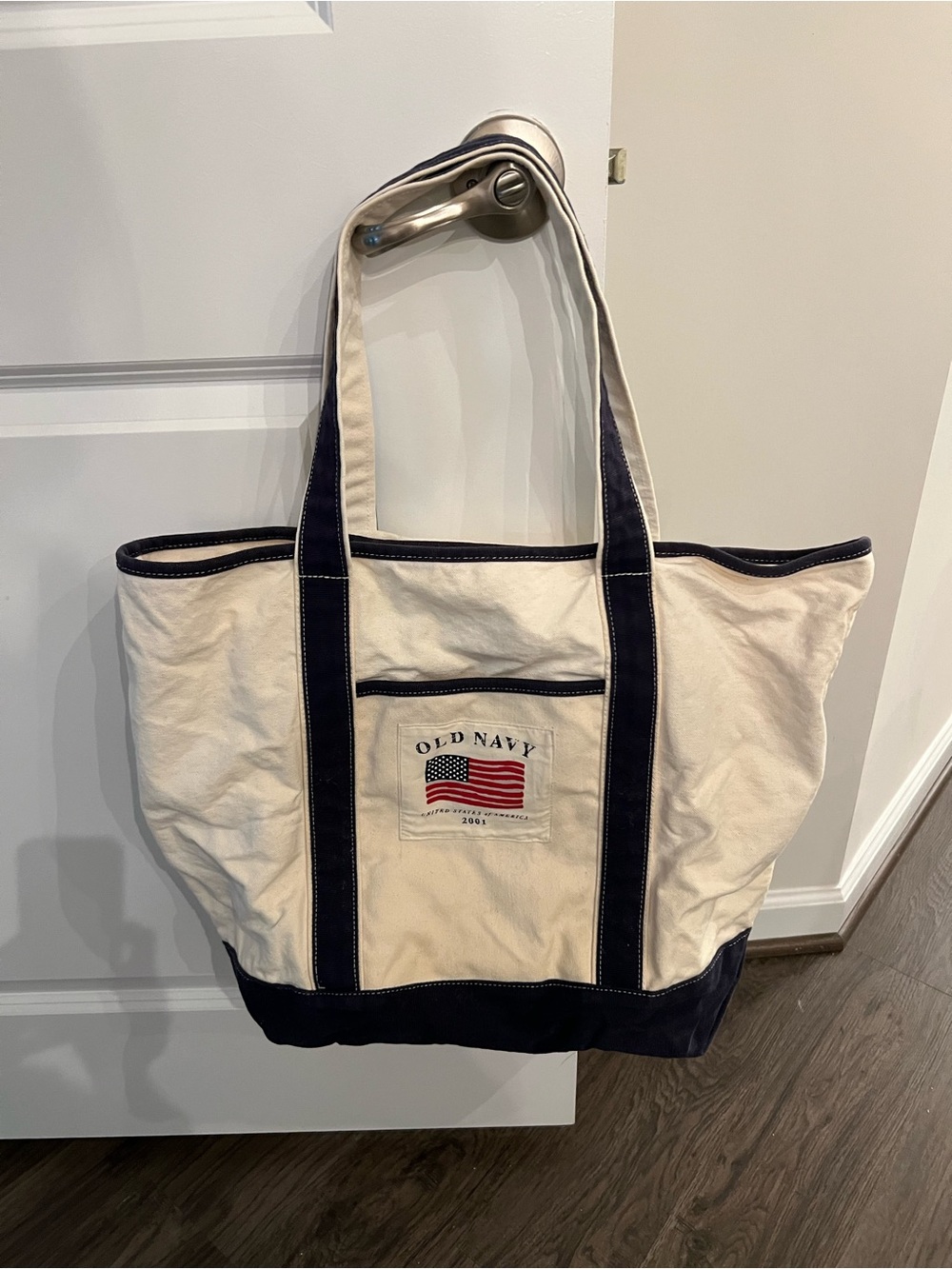 Old Navy Cream & Navy Canvas Duffel Tote